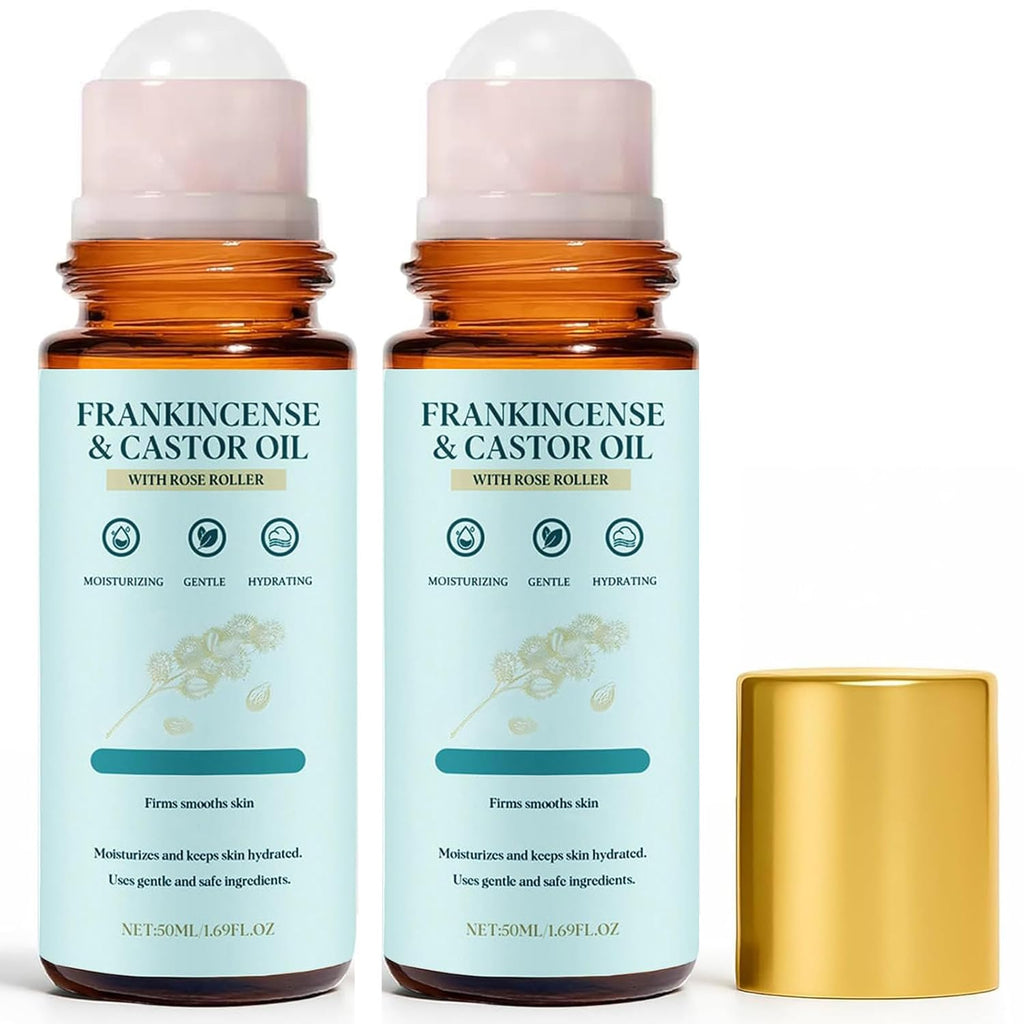 Frankincense and Castor Oil Roll On, Roll-Applied Cold-Pressed Castor Oil，Soothing Moisturizing Firming Oil | Soft Smooth Nourished Skin，Suitable for Face, Neck, Abdomen 1.69 FLOZ（2PCS）