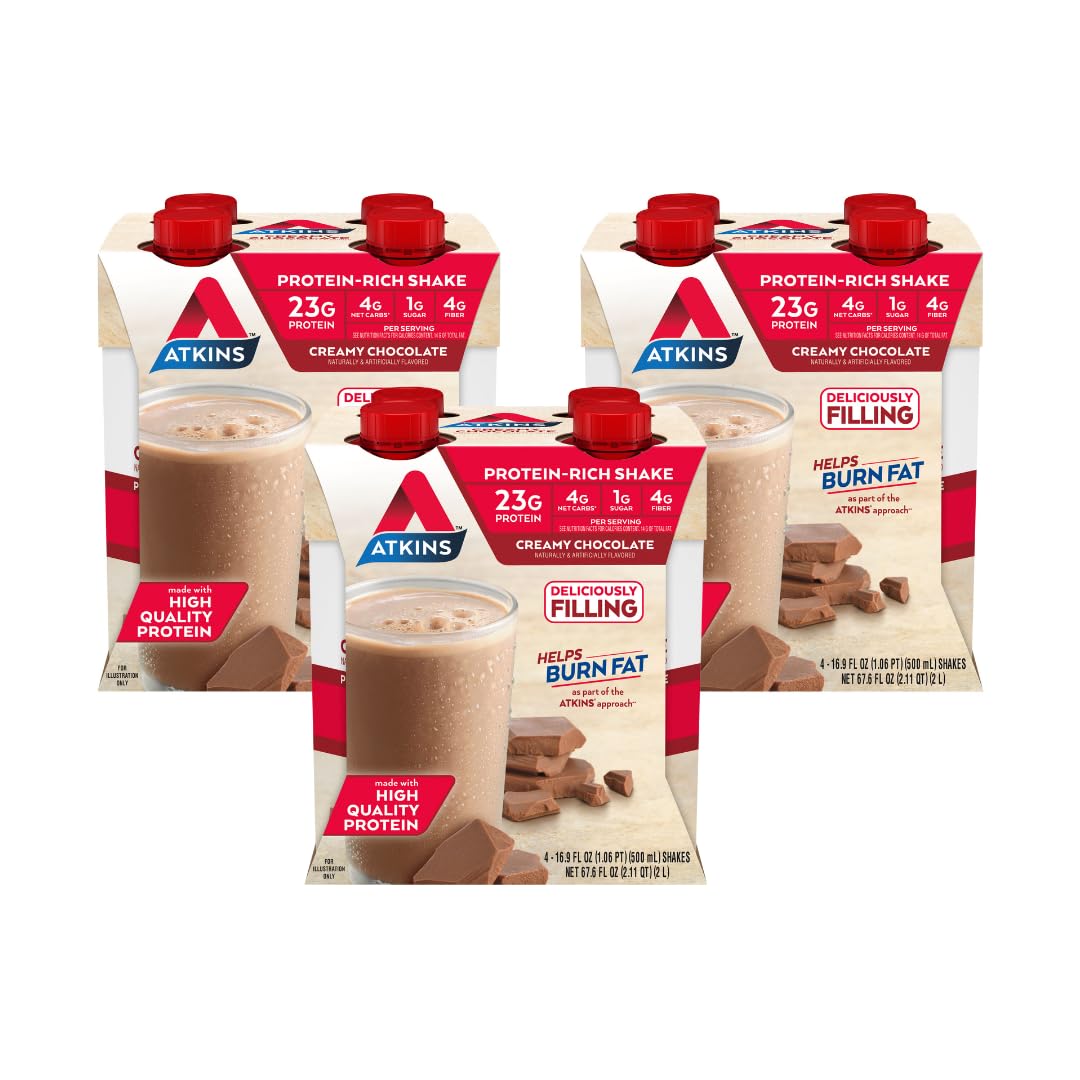 Atkins Creamy Chocolate Meal Size Protein Shake, 23g Protein, Low Glycemic, 4g Net Carb, 1g Sugar, Keto Friendly, 12 Count