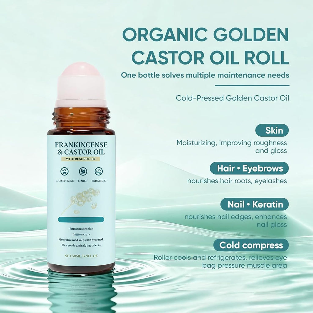 Frankincense and Castor Oil Roll On, Roll-Applied Cold-Pressed Castor Oil，Soothing Moisturizing Firming Oil | Soft Smooth Nourished Skin，Suitable for Face, Neck, Abdomen 1.69 FLOZ（2PCS）